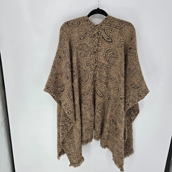 Chicos one size gold metallic floral paisley poncho cape shawl fringe hem - Picture 12 of 13